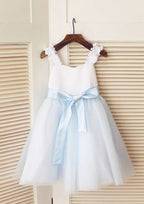 Knee-Length Satin and Tulle Dress with Elegant Sashes - A-line/Princess Square Neckline Flower Girl Dress BM bride