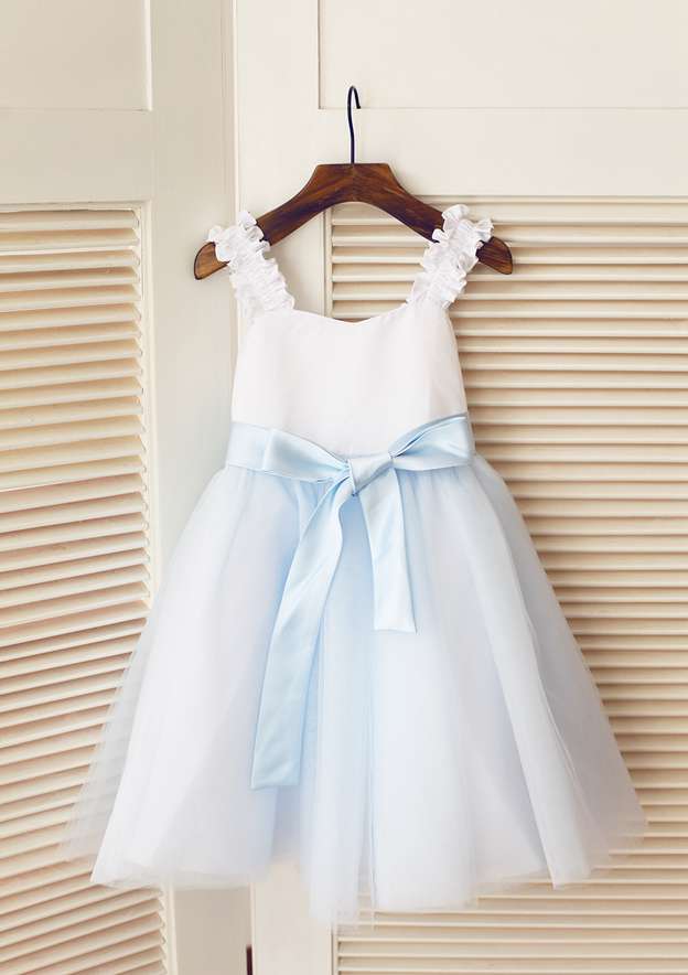 Knee-Length Satin and Tulle Dress with Elegant Sashes - A-line/Princess Square Neckline Flower Girl Dress BM bride