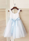 Knee-Length Satin and Tulle Dress with Elegant Sashes - A-line/Princess Square Neckline Flower Girl Dress BM bride