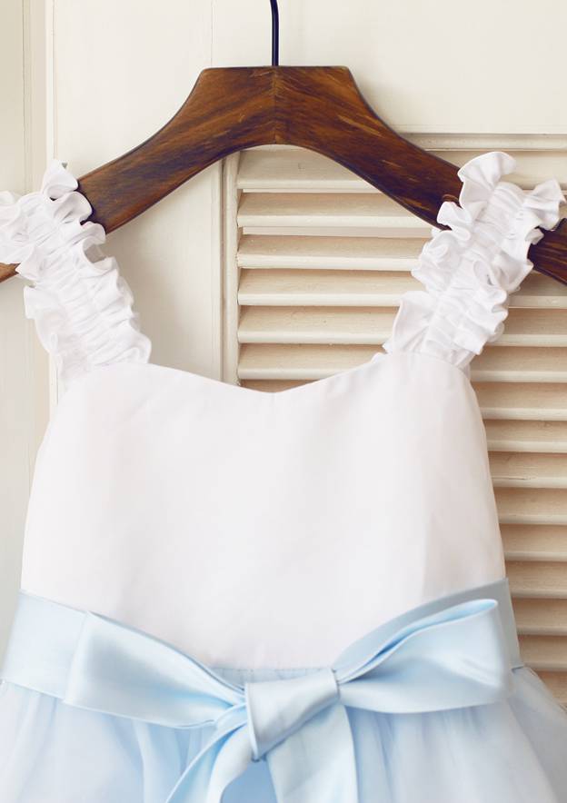 Knee-Length Satin and Tulle Dress with Elegant Sashes - A-line/Princess Square Neckline Flower Girl Dress BM bride