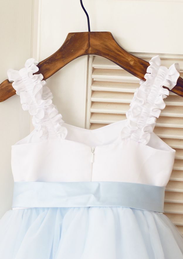 Knee-Length Satin and Tulle Dress with Elegant Sashes - A-line/Princess Square Neckline Flower Girl Dress BM bride