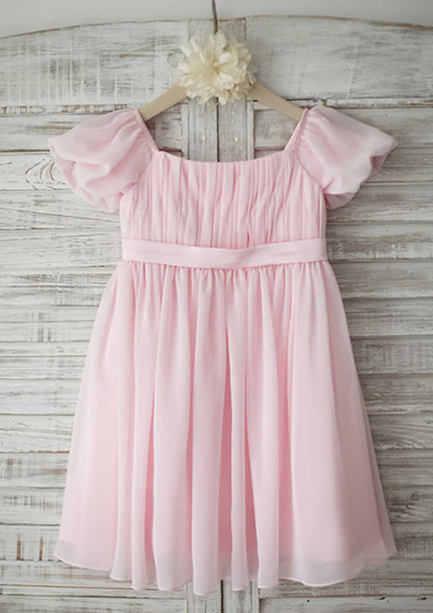 Tea-Length Chiffon Flower Girl Dress with Short Sleeves - A-line/Princess Square Neckline BM bride