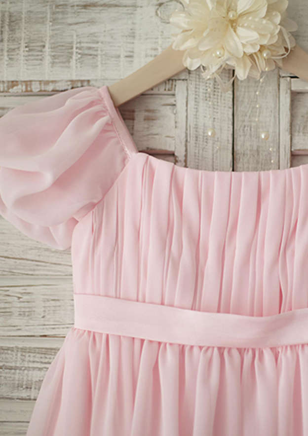 Tea-Length Chiffon Flower Girl Dress with Short Sleeves - A-line/Princess Square Neckline BM bride