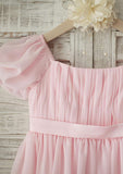 Tea-Length Chiffon Flower Girl Dress with Short Sleeves - A-line/Princess Square Neckline BM bride