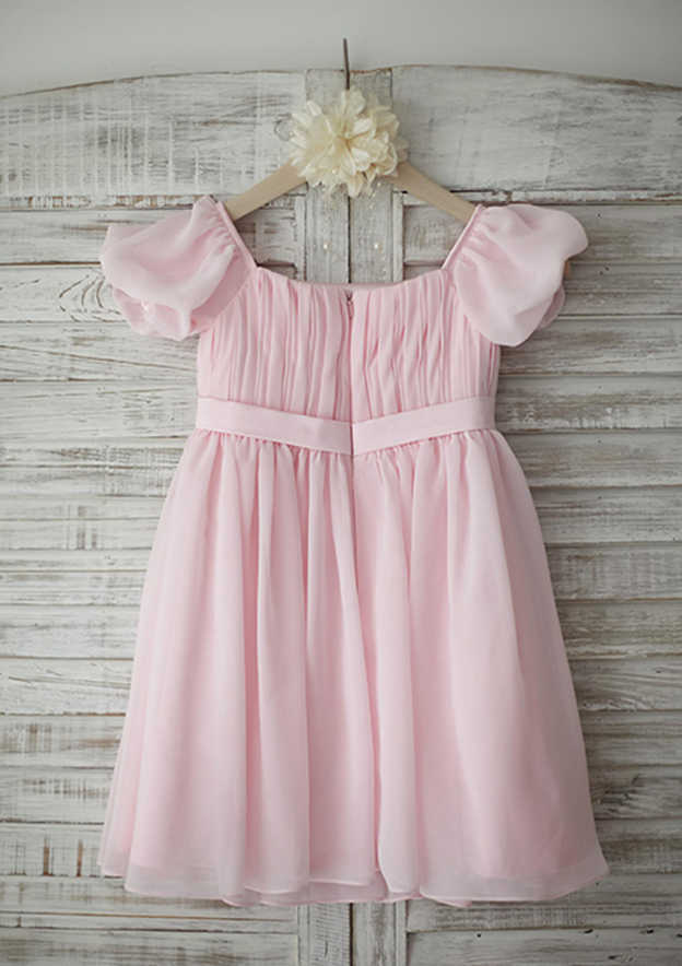 Tea-Length Chiffon Flower Girl Dress with Short Sleeves - A-line/Princess Square Neckline BM bride