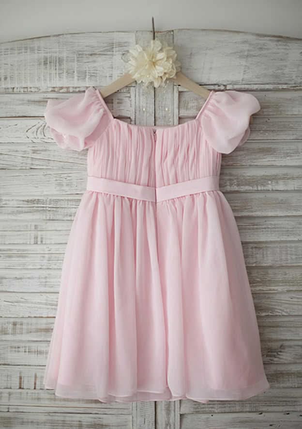 Tea-Length Chiffon Flower Girl Dress with Short Sleeves - A-line/Princess Square Neckline BM bride