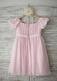 Tea-Length Chiffon Flower Girl Dress with Short Sleeves - A-line/Princess Square Neckline BM bride