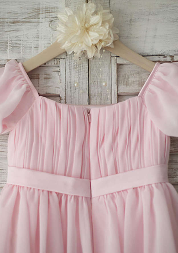 Tea-Length Chiffon Flower Girl Dress with Short Sleeves - A-line/Princess Square Neckline BM bride