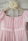 Tea-Length Chiffon Flower Girl Dress with Short Sleeves - A-line/Princess Square Neckline BM bride