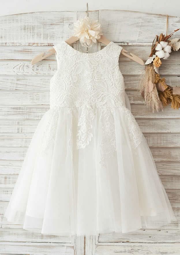 Knee-Length Lace and Tulle Flower Girl Dress with Cute Bowknot - A-line/Princess Scoop Neck BM bride
