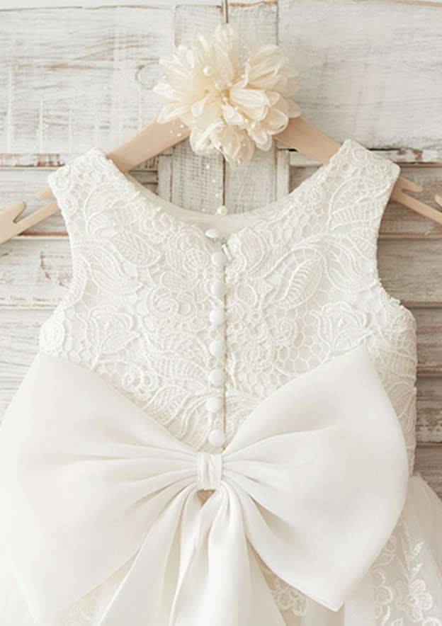 Knee-Length Lace and Tulle Flower Girl Dress with Cute Bowknot - A-line/Princess Scoop Neck BM bride