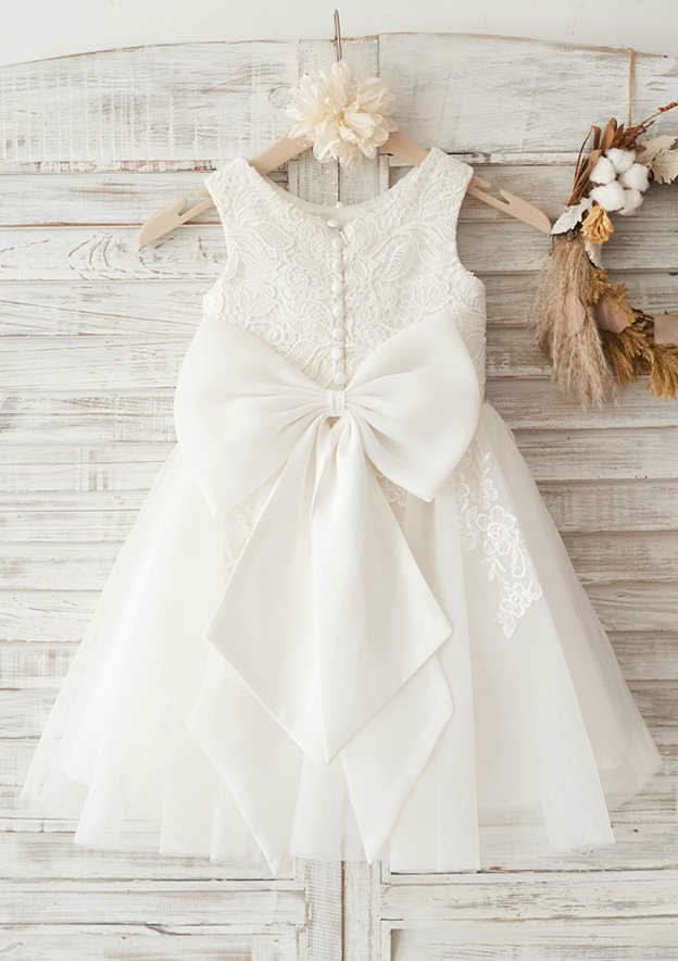 Knee-Length Lace and Tulle Flower Girl Dress with Cute Bowknot - A-line/Princess Scoop Neck BM bride