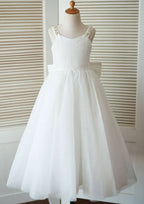 Ankle-Length Lace and Tulle Flower Girl Dress with Charming Bowknot - A-line/Princess Scoop Neck BM bride