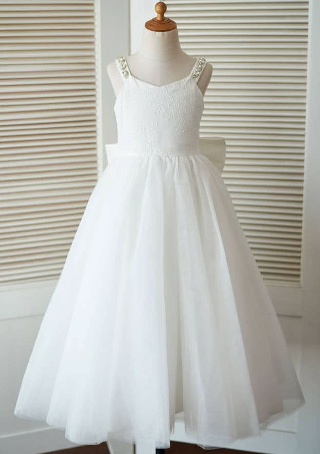 Ankle-Length Lace and Tulle Flower Girl Dress with Charming Bowknot - A-line/Princess Scoop Neck BM bride