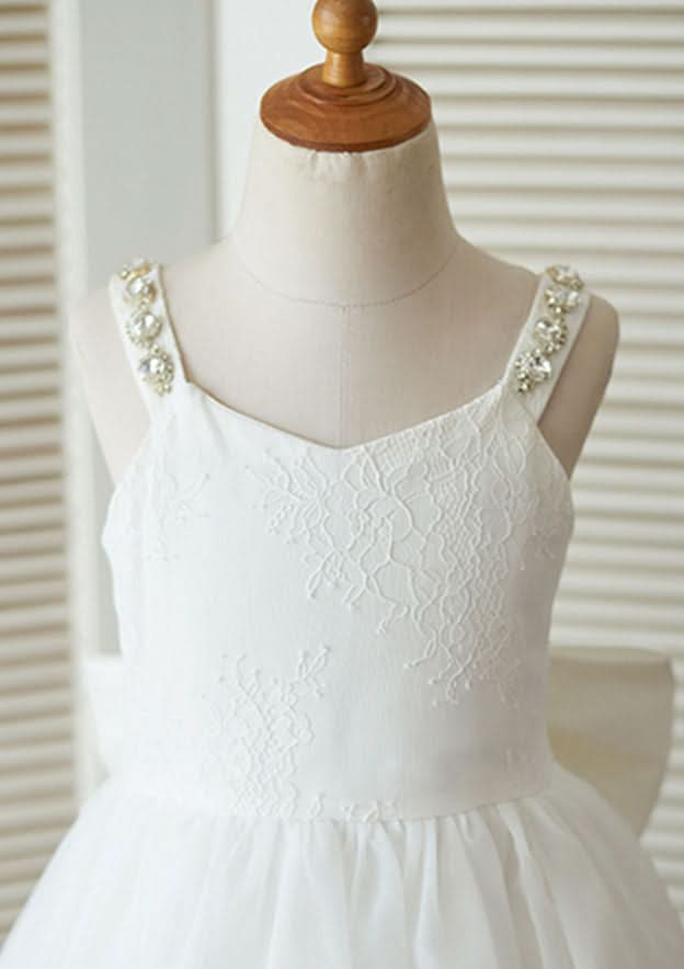 Ankle-Length Lace and Tulle Flower Girl Dress with Charming Bowknot - A-line/Princess Scoop Neck BM bride