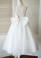 Ankle-Length Lace and Tulle Flower Girl Dress with Charming Bowknot - A-line/Princess Scoop Neck BM bride