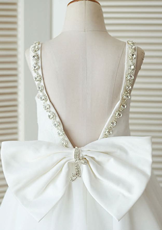 Ankle-Length Lace and Tulle Flower Girl Dress with Charming Bowknot - A-line/Princess Scoop Neck BM bride