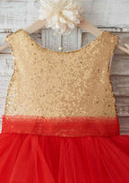 Knee-Length Sequined Tulle Flower Girl Dress with Pretty Bowknot - Ball Gown Scoop Neck BM bride