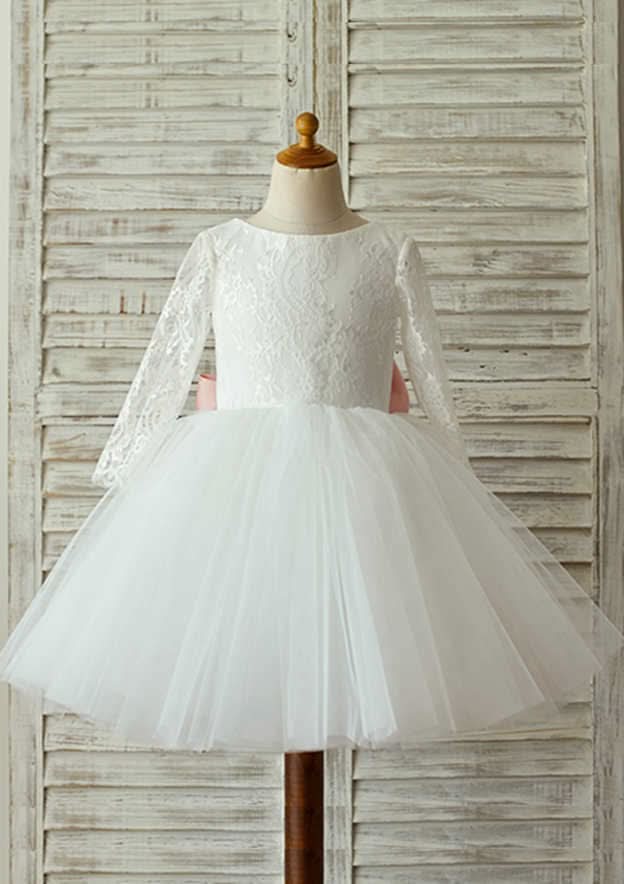 Knee-Length Full/Long Sleeve Lace and Tulle Flower Girl Dress with Lovely Bowknot - Ball Gown Scoop Neck BM bride