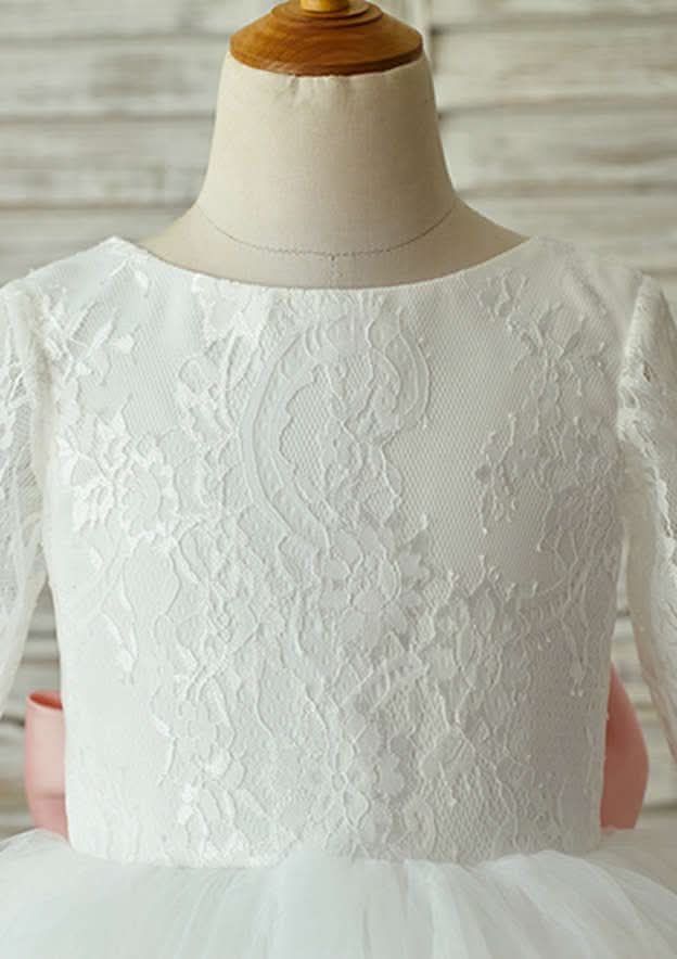 Knee-Length Full/Long Sleeve Lace and Tulle Flower Girl Dress with Lovely Bowknot - Ball Gown Scoop Neck BM bride