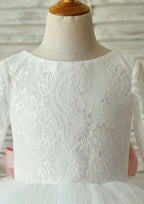 Knee-Length Full/Long Sleeve Lace and Tulle Flower Girl Dress with Lovely Bowknot - Ball Gown Scoop Neck BM bride