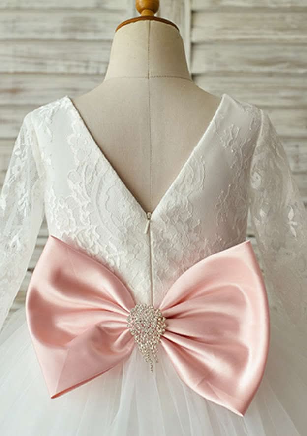 Knee-Length Full/Long Sleeve Lace and Tulle Flower Girl Dress with Lovely Bowknot - Ball Gown Scoop Neck BM bride