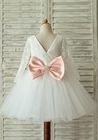 Knee-Length Full/Long Sleeve Lace and Tulle Flower Girl Dress with Lovely Bowknot - Ball Gown Scoop Neck BM bride