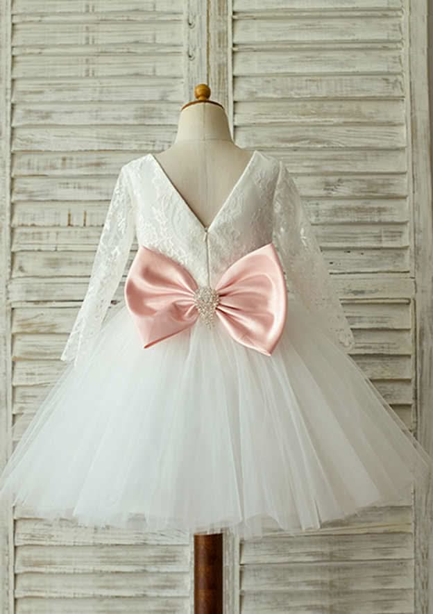 Knee-Length Full/Long Sleeve Lace and Tulle Flower Girl Dress with Lovely Bowknot - Ball Gown Scoop Neck BM bride