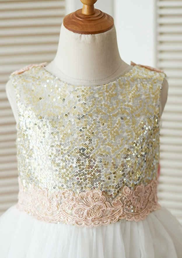 Knee-Length Tulle Flower Girl Dress with Sequined Lace and Adorable Bowknot - A-line/Princess Scoop Neck BM bride