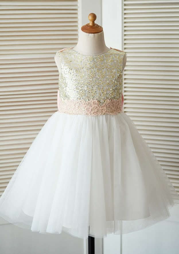 Knee-Length Tulle Flower Girl Dress with Sequined Lace and Adorable Bowknot - A-line/Princess Scoop Neck BM bride
