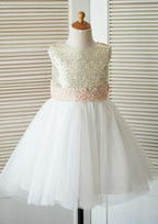 Knee-Length Tulle Flower Girl Dress with Sequined Lace and Adorable Bowknot - A-line/Princess Scoop Neck BM bride