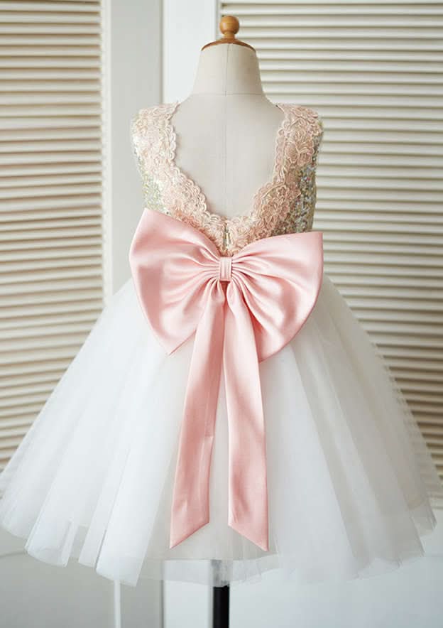 Knee-Length Tulle Flower Girl Dress with Sequined Lace and Adorable Bowknot - A-line/Princess Scoop Neck BM bride