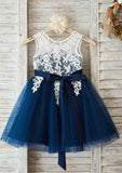 Knee-Length Lace and Tulle Flower Girl Dress with Elegant Sashes - A-line/Princess Scoop Neck BM bride