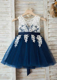 Knee-Length Lace and Tulle Flower Girl Dress with Elegant Sashes - A-line/Princess Scoop Neck BM bride