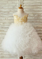 Knee-Length Illusion Neck Lace and Tulle Flower Girl Dress with Elegant Appliqued - Ball Gown BM bride