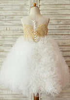 Knee-Length Illusion Neck Lace and Tulle Flower Girl Dress with Elegant Appliqued - Ball Gown BM bride