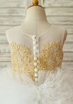 Knee-Length Illusion Neck Lace and Tulle Flower Girl Dress with Elegant Appliqued - Ball Gown BM bride