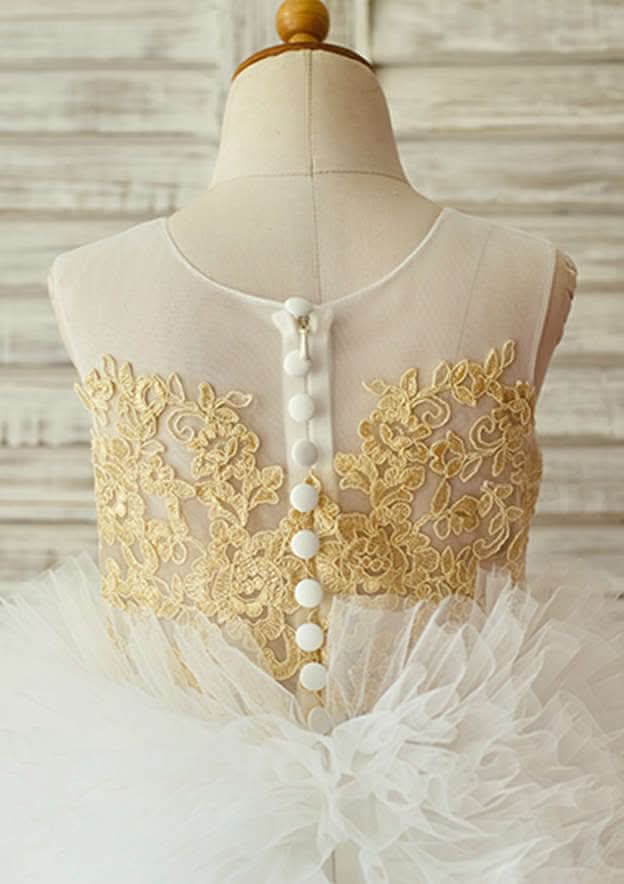 Knee-Length Illusion Neck Lace and Tulle Flower Girl Dress with Elegant Appliqued - Ball Gown BM bride