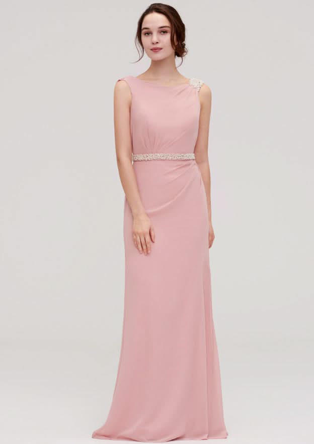 Sheath/Column Bateau Sleeveless Floor-Length Chiffon Bridesmaid Dress, With Waistband And Beading BM bride