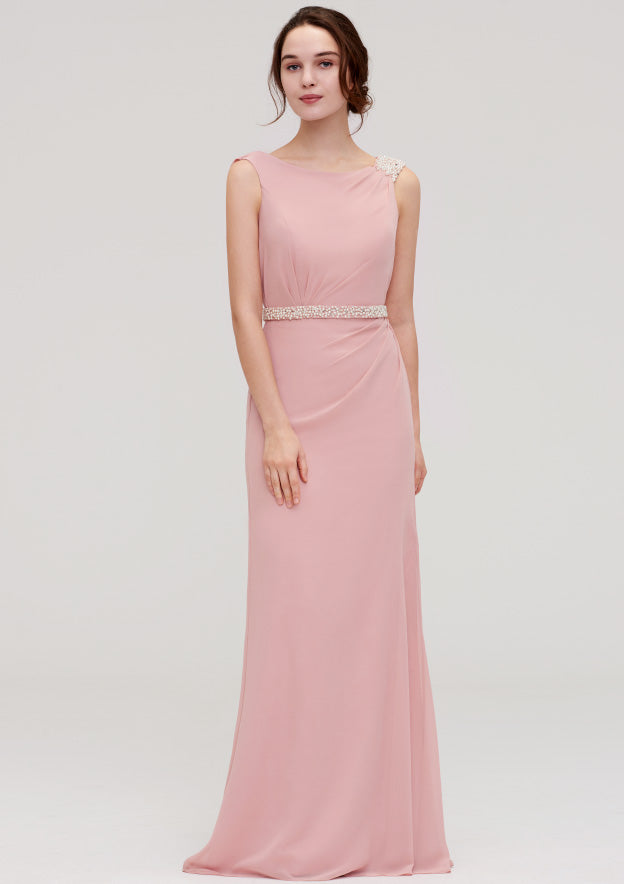 Sheath/Column Bateau Sleeveless Floor-Length Chiffon Bridesmaid Dress, With Waistband And Beading BM bride