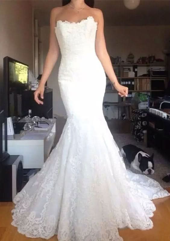 Sophisticated Trumpet/Mermaid Lace Wedding Dress with Strapless Neckline and Pleated Court Train BM bride