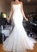 Sophisticated Trumpet/Mermaid Lace Wedding Dress with Strapless Neckline and Pleated Court Train BM bride