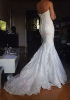 Sophisticated Trumpet/Mermaid Lace Wedding Dress with Strapless Neckline and Pleated Court Train BM bride