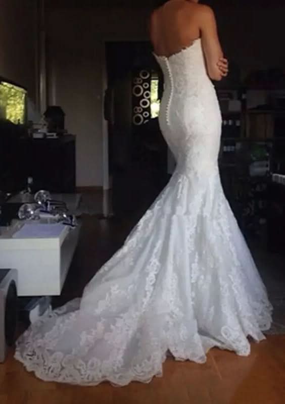 Sophisticated Trumpet/Mermaid Lace Wedding Dress with Strapless Neckline and Pleated Court Train BM bride