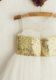 Knee-Length Tulle Sequined Flower Girl Dress with Floral Sashes - A-line/Princess Scoop Neck BM bride