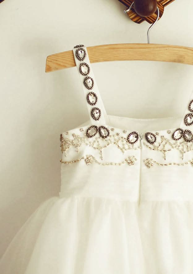 Knee-Length Satin Tulle Flower Girl Dress with Floral Accents - A-line/Princess Halter Neck BM bride