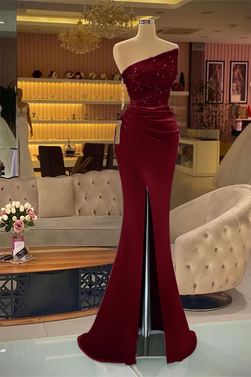 Light Purple Sleeveless Strapless Sequins Mermaid Prom Dress Long with Slit BM bride
