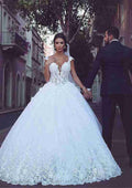 Graceful Lace Ball Gown Wedding Dress with V-Neck Sleeveless Design and Chapel Train with Appliqued BM bride