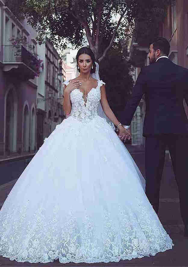 Graceful Lace Ball Gown Wedding Dress with V-Neck Sleeveless Design and Chapel Train with Appliqued BM bride