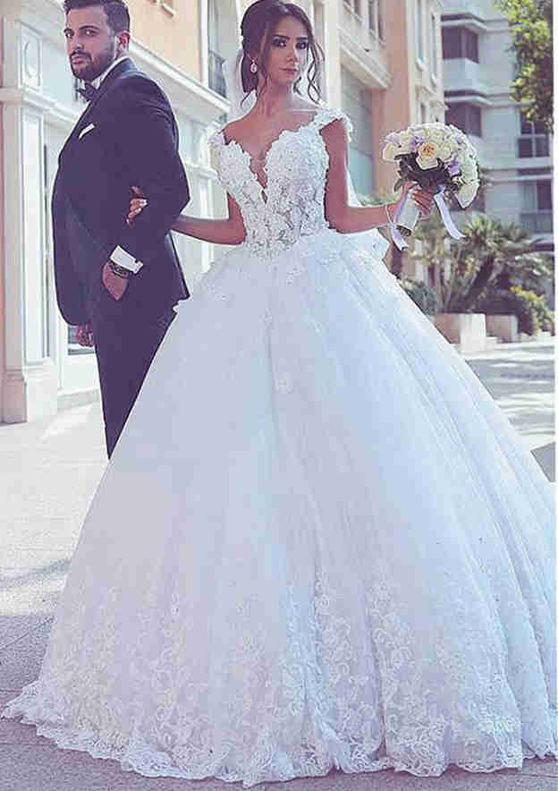 Graceful Lace Ball Gown Wedding Dress with V-Neck Sleeveless Design and Chapel Train with Applique BM bride